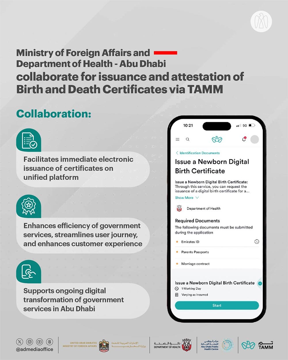 Ministry of Foreign Affairs and Department of Health - Abu Dhabi collaborate for issuance and attestation of Birth and Death Certificates via TAMM